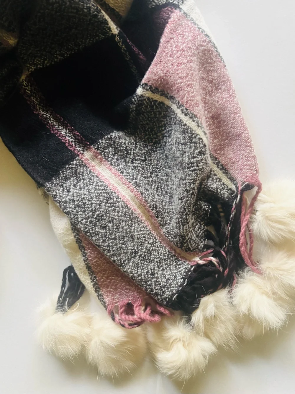 Plaid Fringe Scarf in Pink, Black & Cream